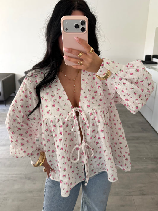 MUSSELIN BLUSE LIORA MIT BLÜMCHEN UND SCHLEIFEN Musselin kaufen | Miss Nova