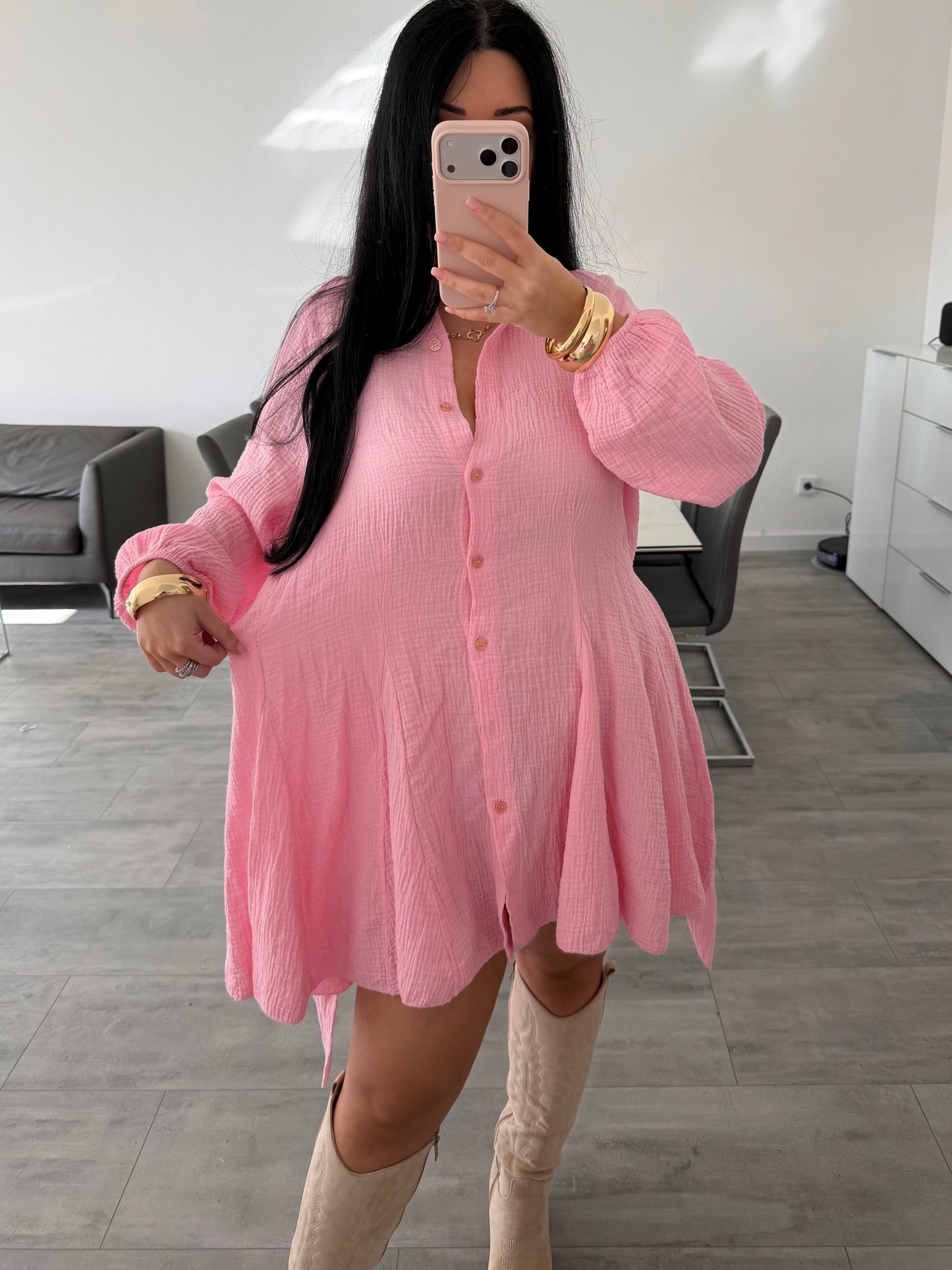 MUSSELIN HEMDKLEID ALLY MIT BINDEGÜRTEL