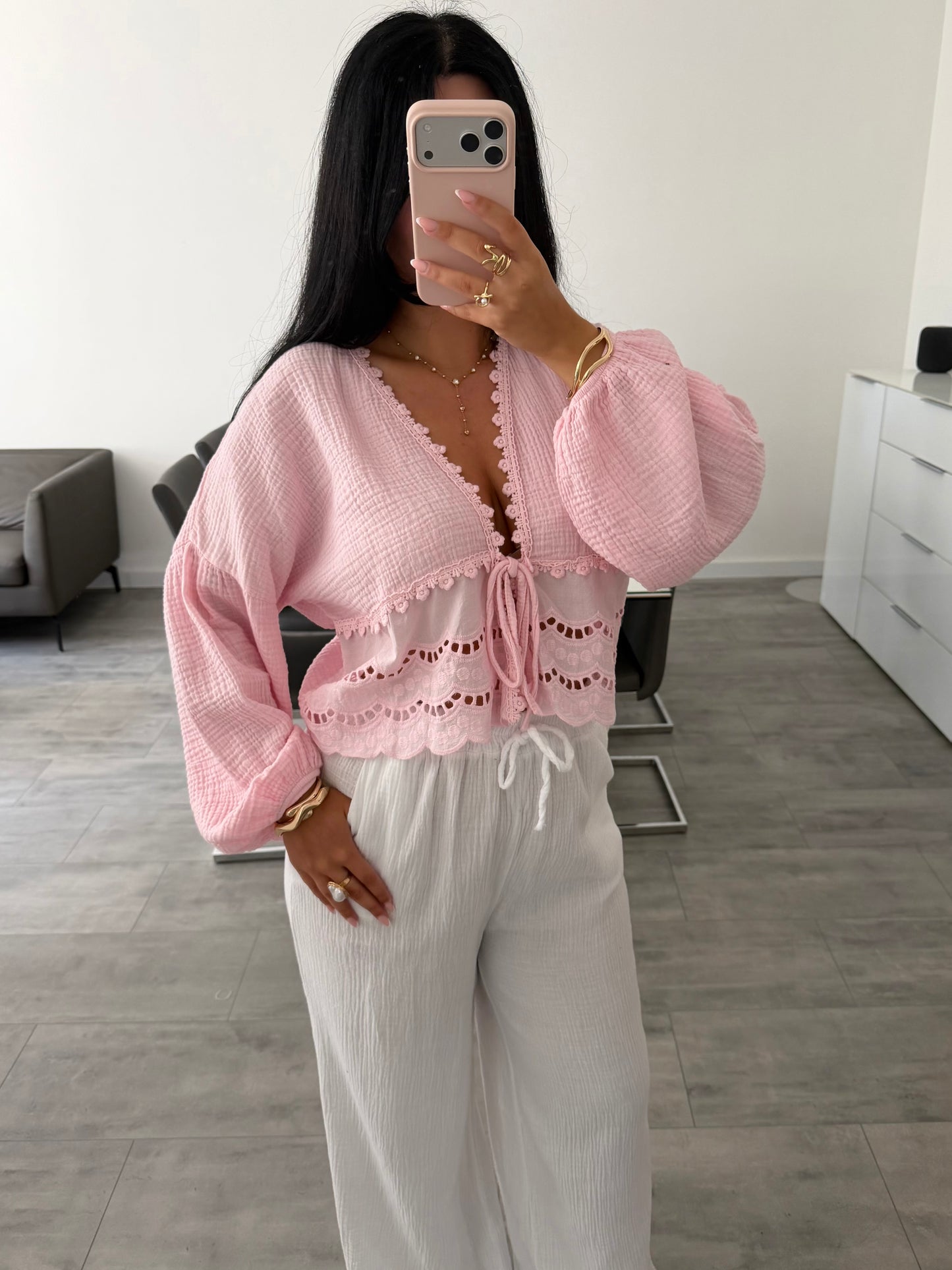 MUSSELIN BLUSE MIT SPITZE MALIA