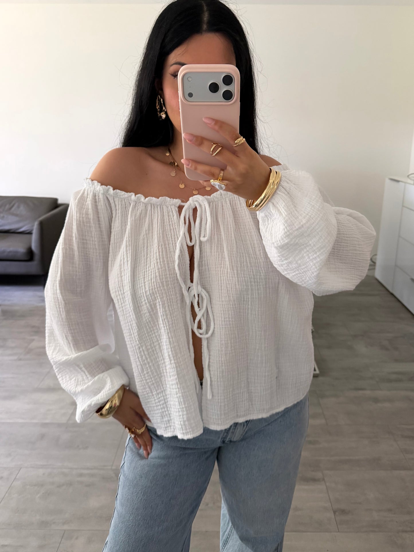 SCHULTERFREIE MUSSELIN BLUSE RENA MIT SCHLEIFEN