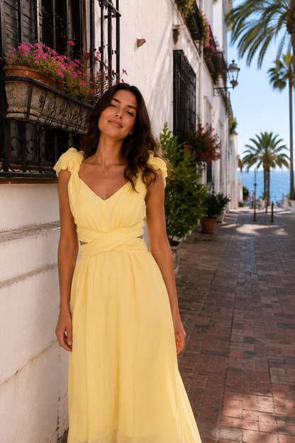 Kleid Zara Mit Rückenausschnitt Gelb Detailansicht – MissNova