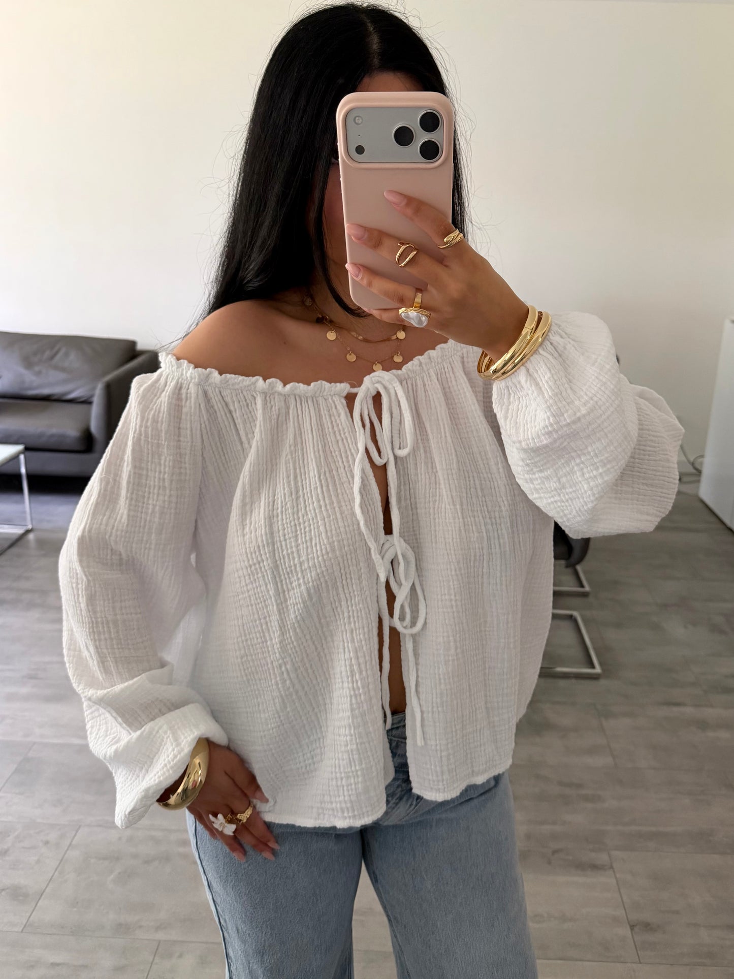 SCHULTERFREIE MUSSELIN BLUSE RENA MIT SCHLEIFEN