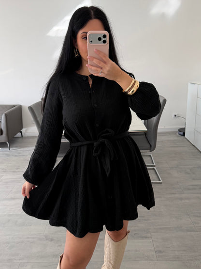 MUSSELIN HEMDKLEID ALLY MIT BINDEGÜRTEL