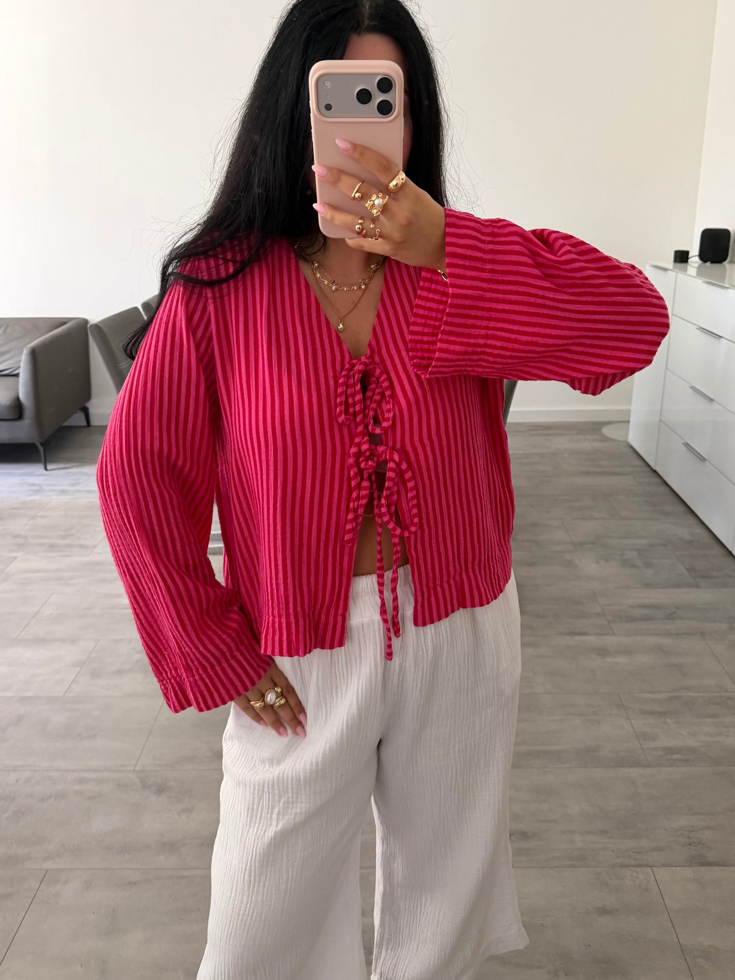 MUSSELIN BLUSE GESTREIFT MIT SCHLEIFEN FELINA – Musselin Bluse bei Missnova