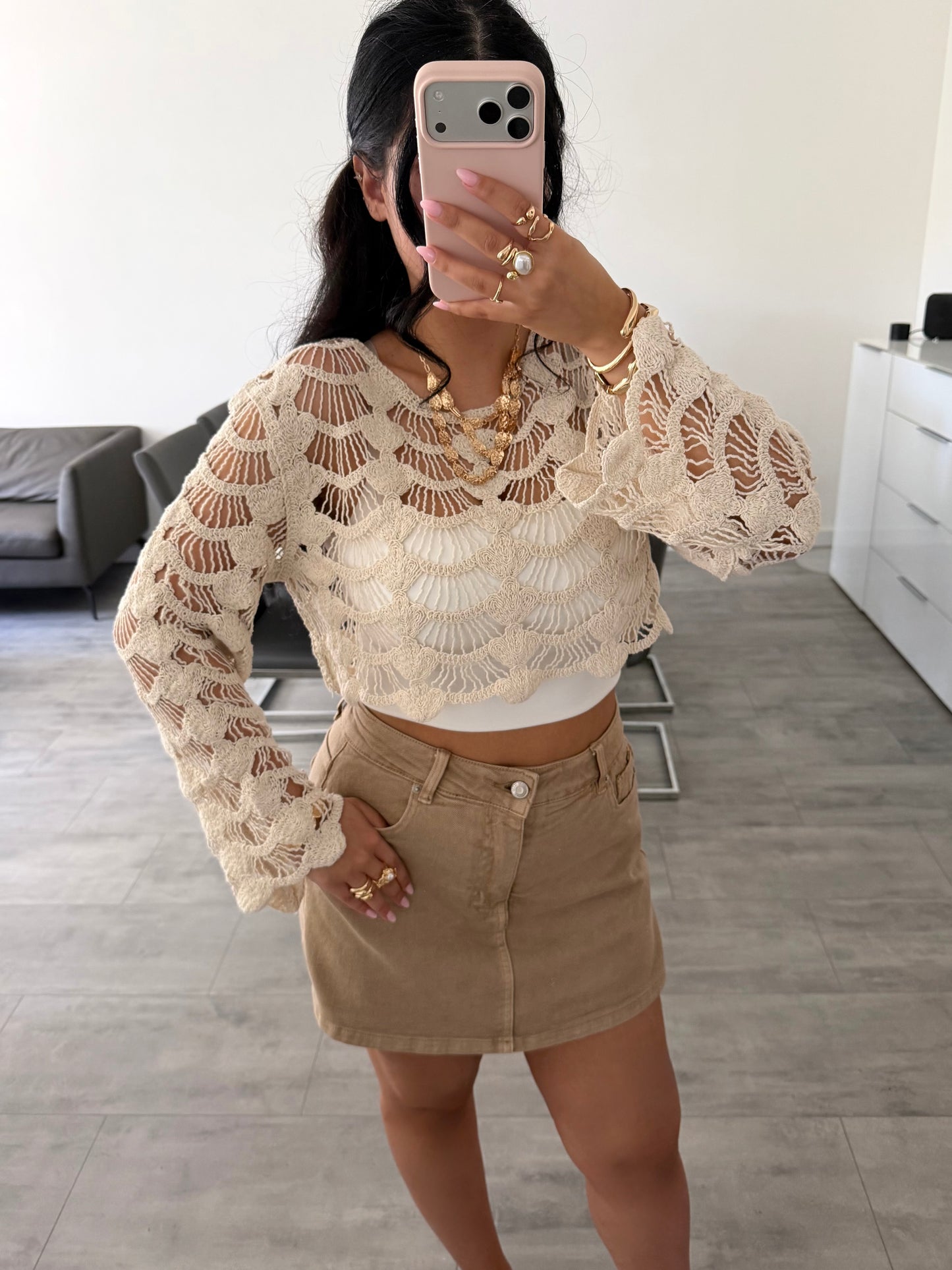 CROPPED BAUMWOLL-CROCHET OBERTEIL BEIGE