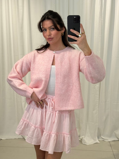 OFFENER CARDIGAN MIT PERLKNOPF ROSA – Miss Nova Damenmode