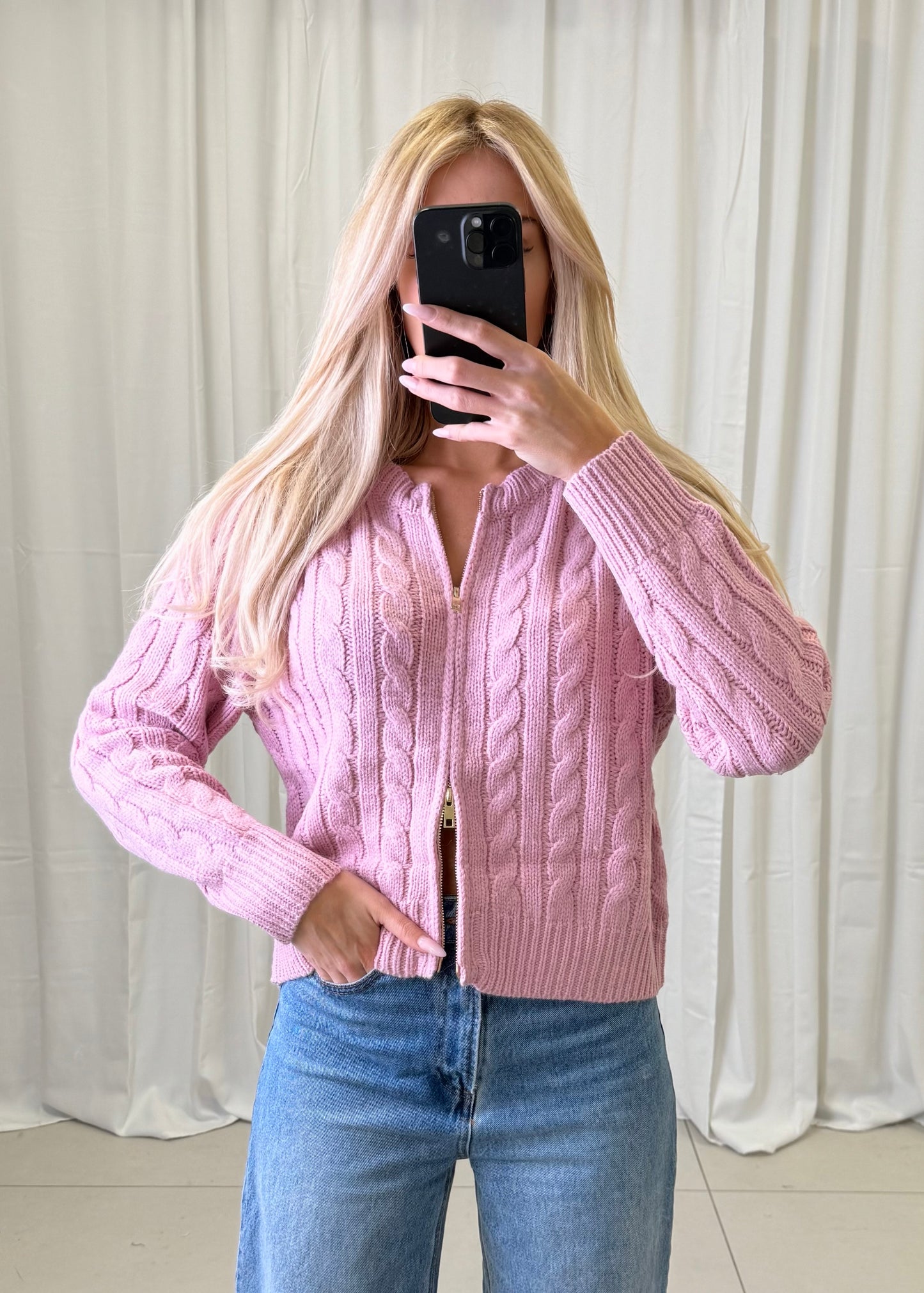 DOUBLE ZIP STRICKJACKE SARAH ZOPFMUSTER ROSA