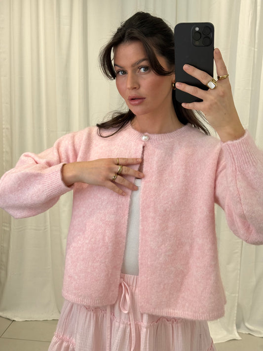 OFFENER CARDIGAN MIT PERLKNOPF ROSA Musselin kaufen | Miss Nova