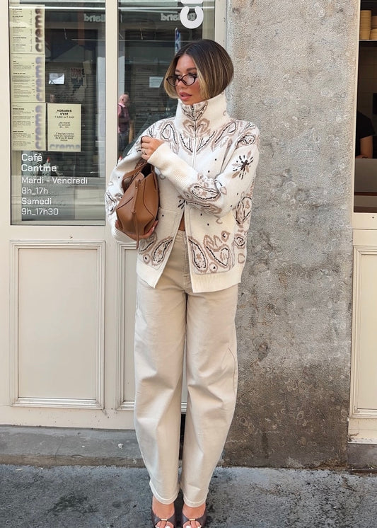 PAISLEY ZIP-STRICKJACKE CREME Musselin kaufen | Miss Nova