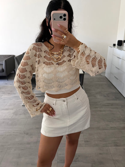 CROPPED BAUMWOLL-CROCHET OBERTEIL BEIGE