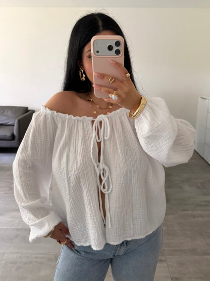 SCHULTERFREIE MUSSELIN BLUSE RENA MIT SCHLEIFEN