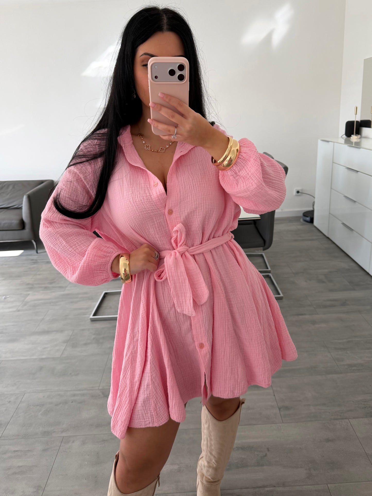 MUSSELIN HEMDKLEID ALLY MIT BINDEGÜRTEL