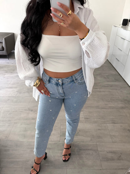 STRETCH MOM JEANS OLIVIA MIT BESTICKTEN HERZCHEN – Miss Nova Damenmode