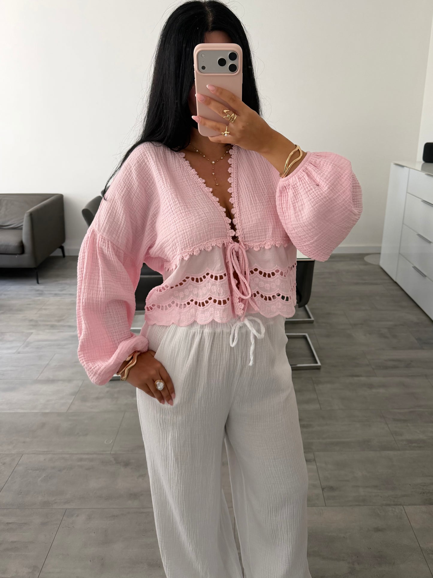 MUSSELIN BLUSE MIT SPITZE MALIA