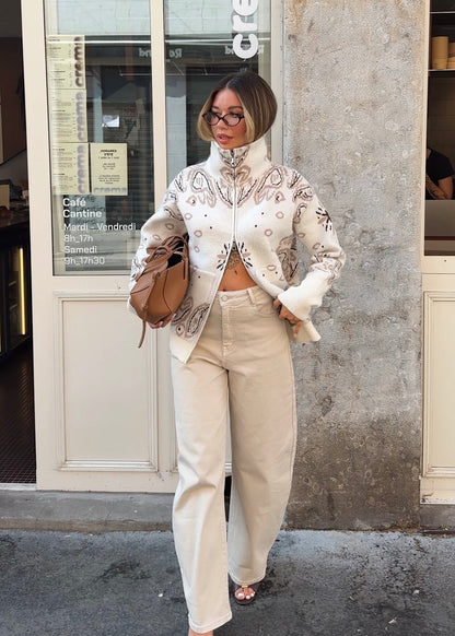 PAISLEY ZIP-STRICKJACKE CREME