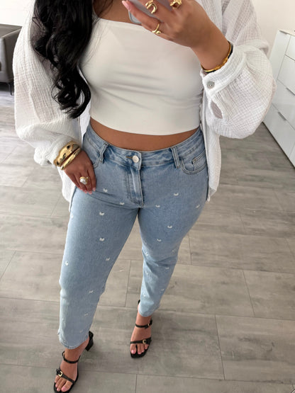 STRETCH MOM JEANS OLIVIA MIT BESTICKTEN HERZCHEN – Miss Nova Damenmode