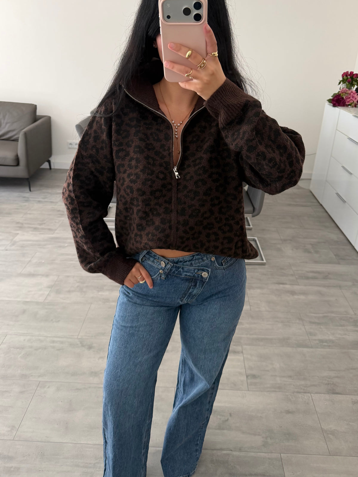 ZIP STRICKJACKE LEOPRINT
