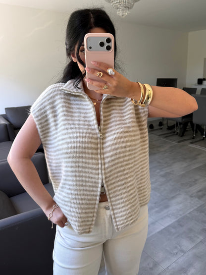 Kurzarm Zip Strickjacke Emilia Gestreift Detailansicht – MissNova