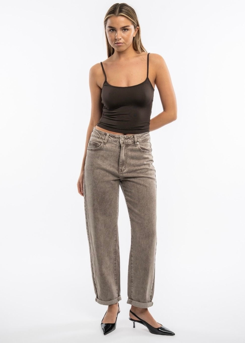 STRETCH MOM JEANS LANA TAUPE