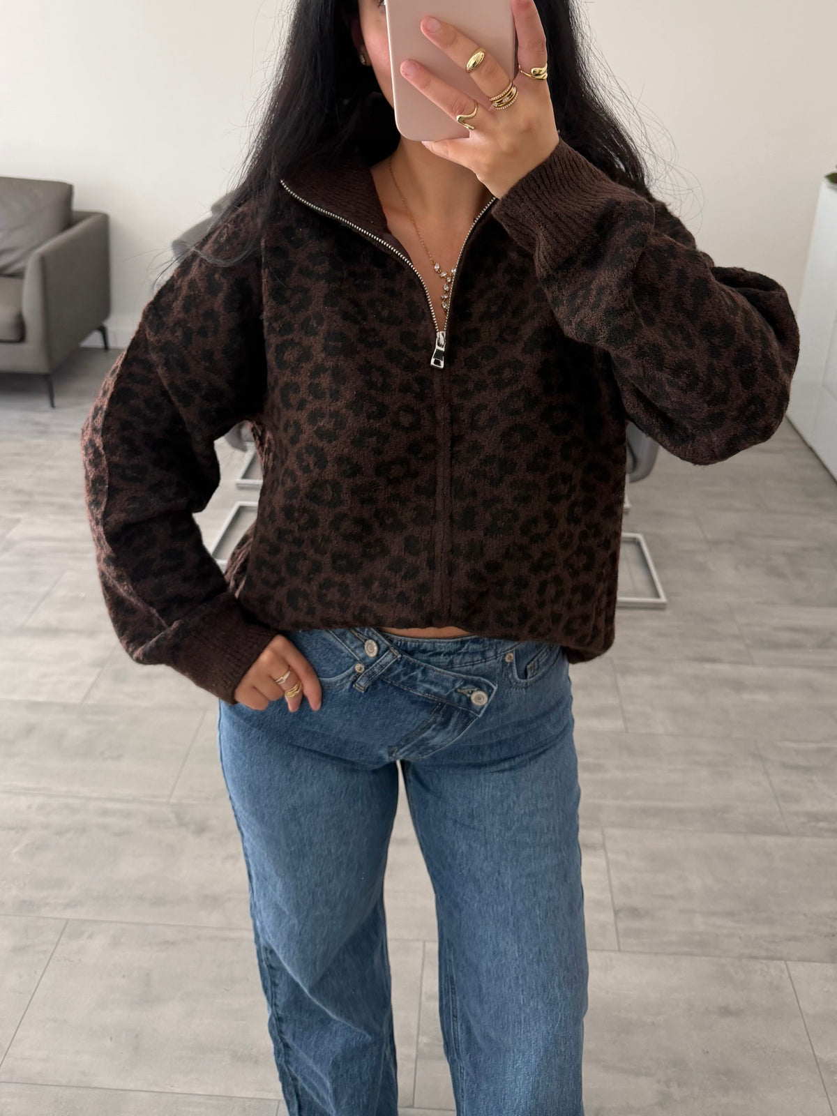ZIP STRICKJACKE LEOPRINT