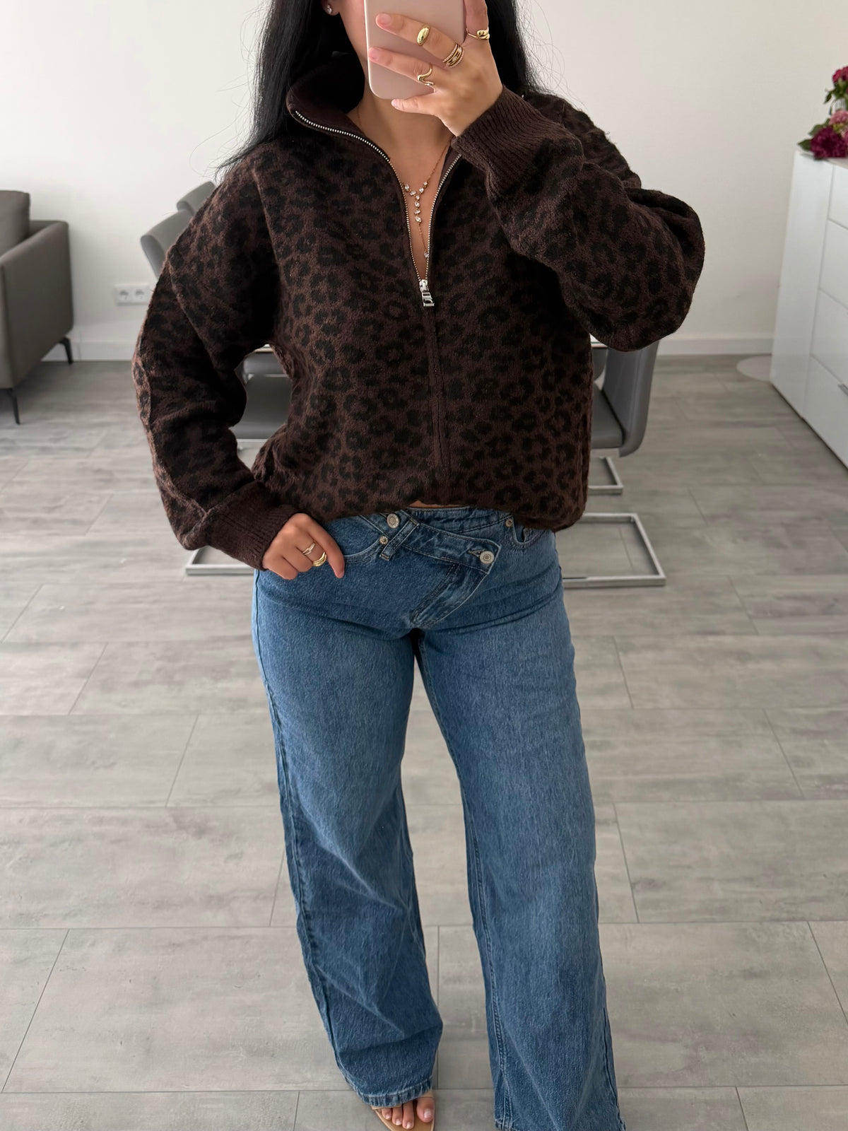 ZIP STRICKJACKE LEOPRINT