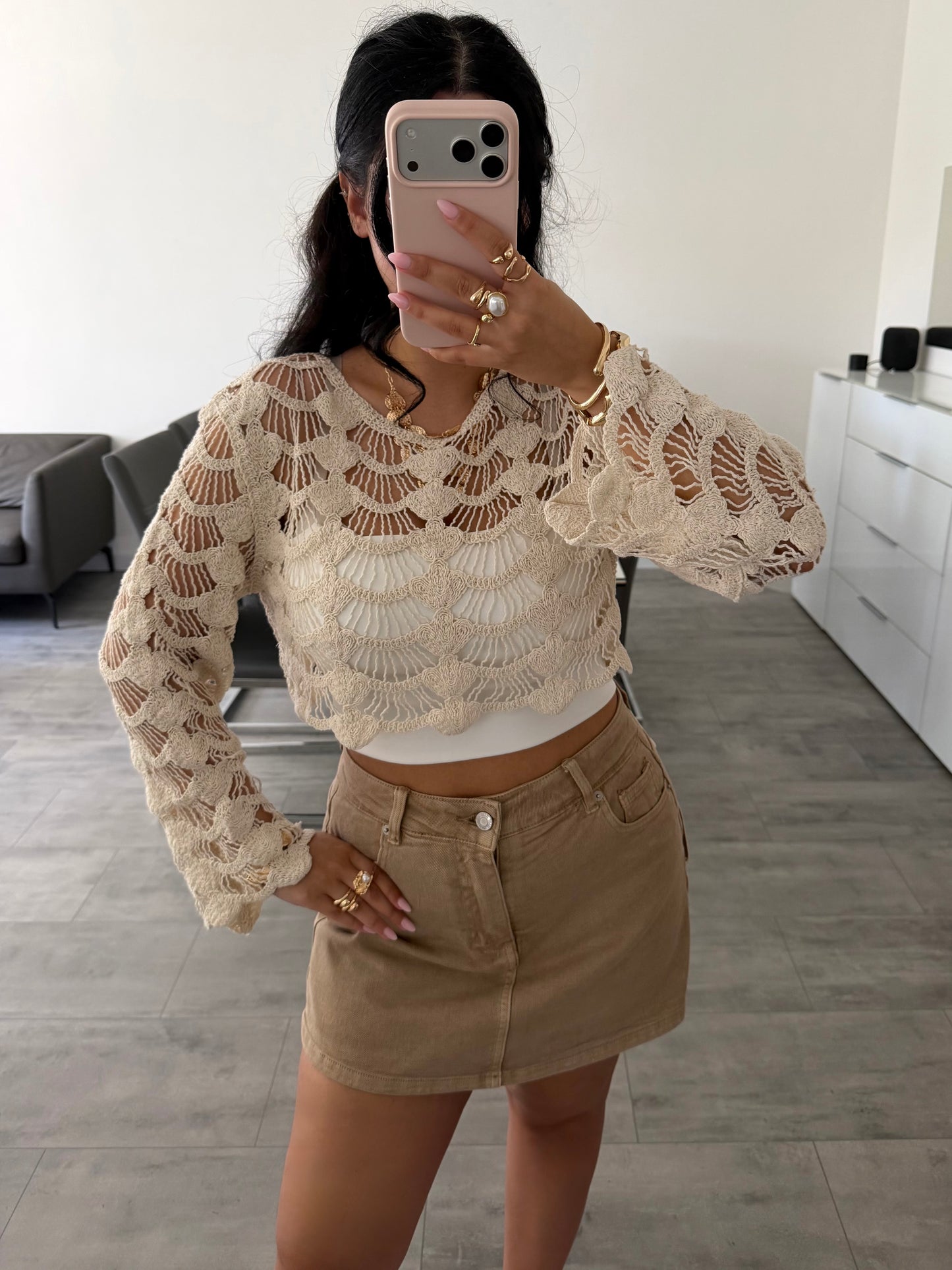 CROPPED BAUMWOLL-CROCHET OBERTEIL BEIGE