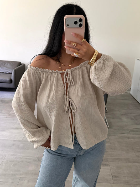 SCHULTERFREIE MUSSELIN BLUSE RENA MIT SCHLEIFEN Musselin kaufen | Miss Nova