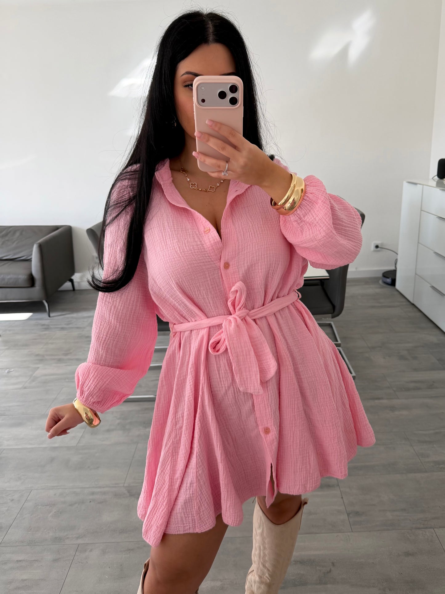 MUSSELIN HEMDKLEID ALLY MIT BINDEGÜRTEL