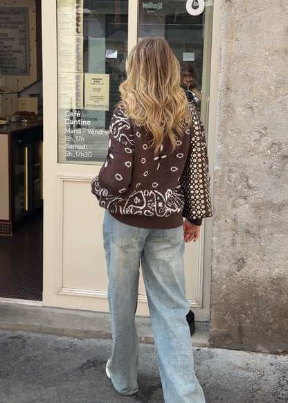 PAISLEY ZIP-STRICKJACKE BRAUN