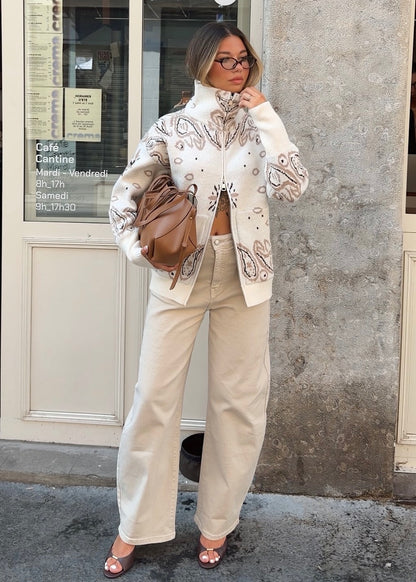 PAISLEY ZIP-STRICKJACKE CREME