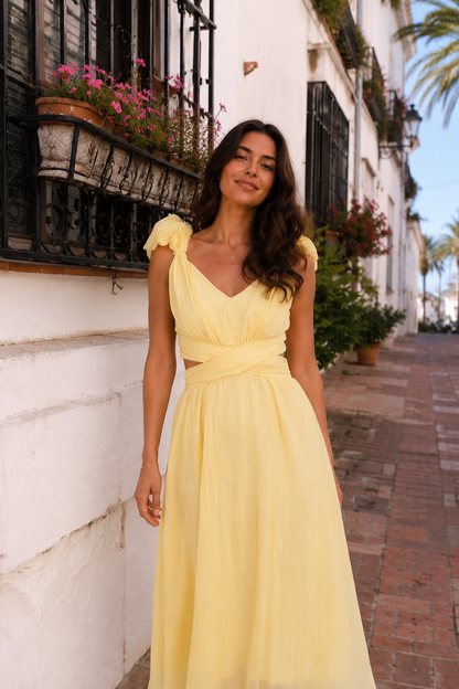 Kleid Zara Mit Rückenausschnitt Gelb Detailansicht – MissNova