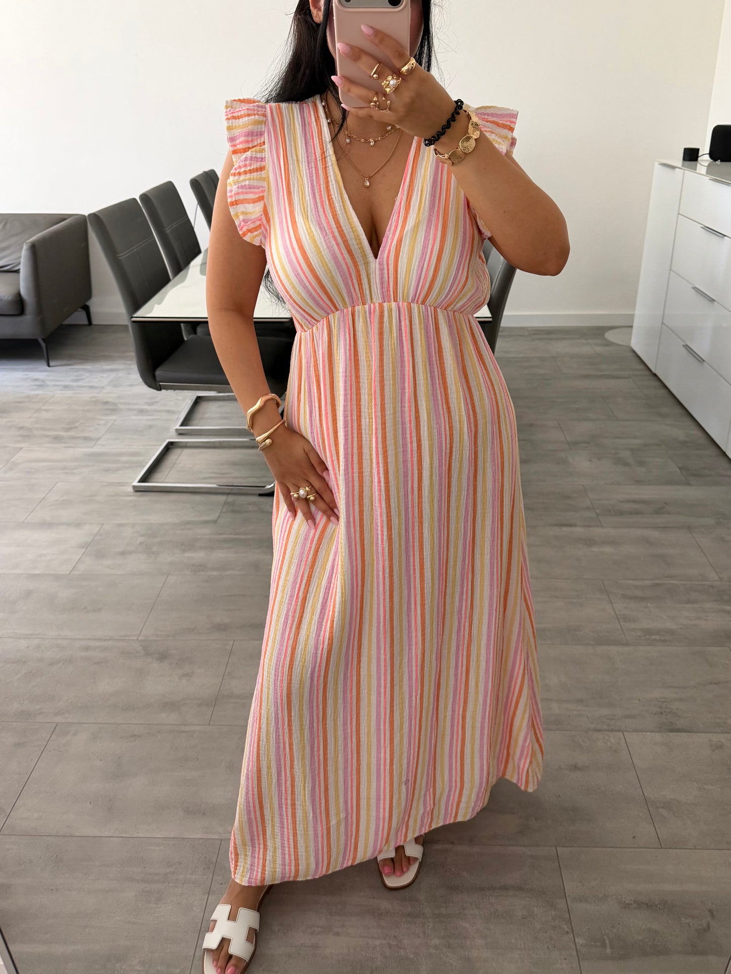 MUSSELIN KLEID MILENA STREIFEN BUNT