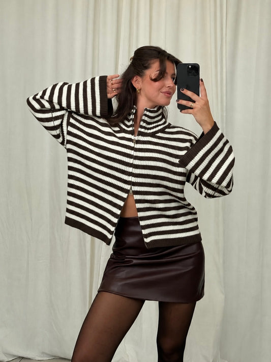 ZIP-STRICKJACKE SINA STREIFEN BRAUN Musselin kaufen | Miss Nova