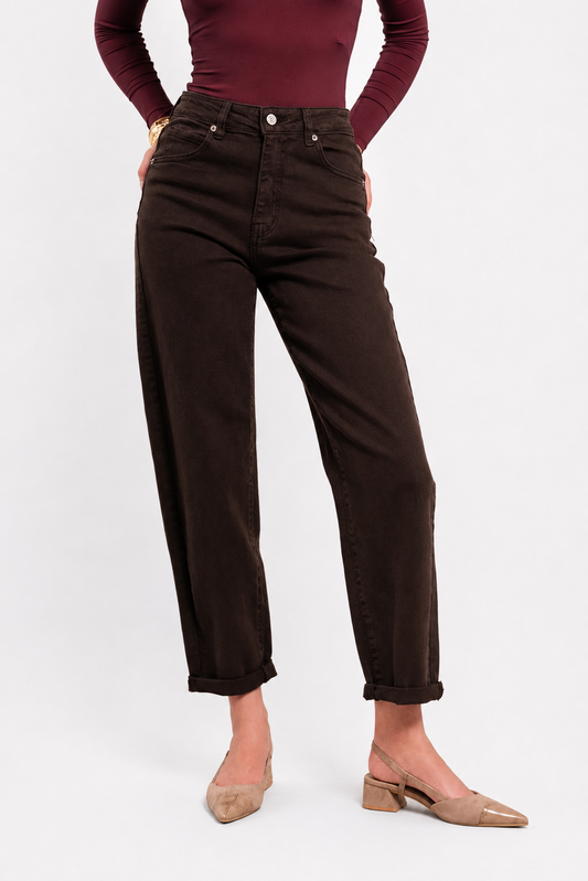 STRETCH MOM JEANS LANA DUNKELBRAUN Musselin kaufen | Miss Nova