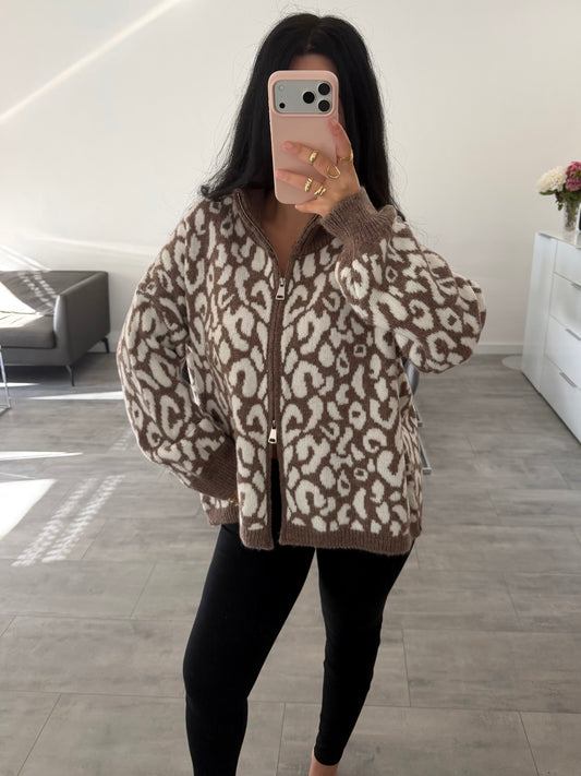 OVERSIZE DOUBLE-ZIP STRICKJACKE LEOPRINT Musselin kaufen | Miss Nova