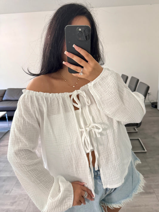 SCHULTERFREIES MUSSELIN TOP LANA WEIß